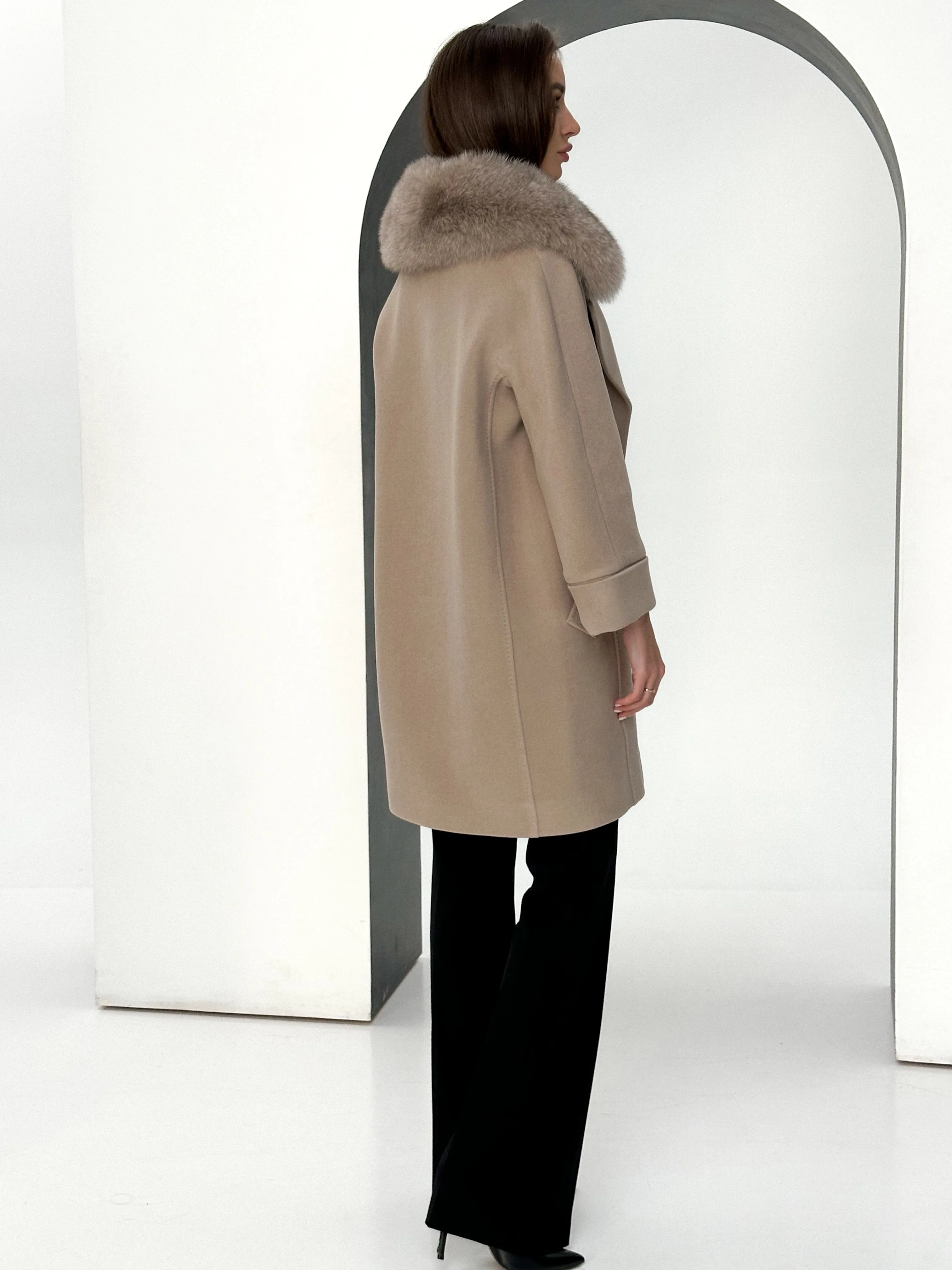 Genuine Polar Fox Tailored Cashmere-Wool Coat