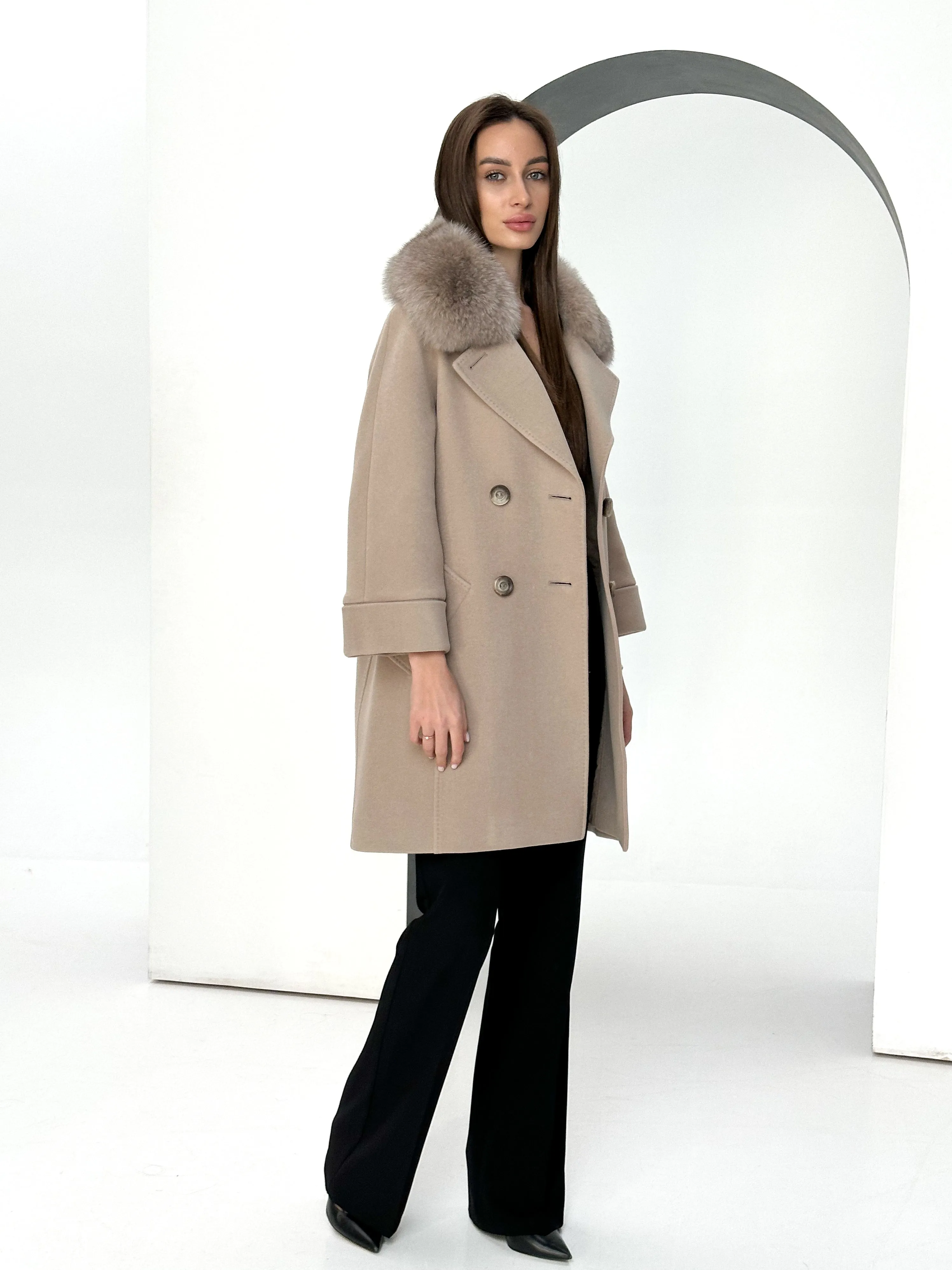 Genuine Polar Fox Tailored Cashmere-Wool Coat