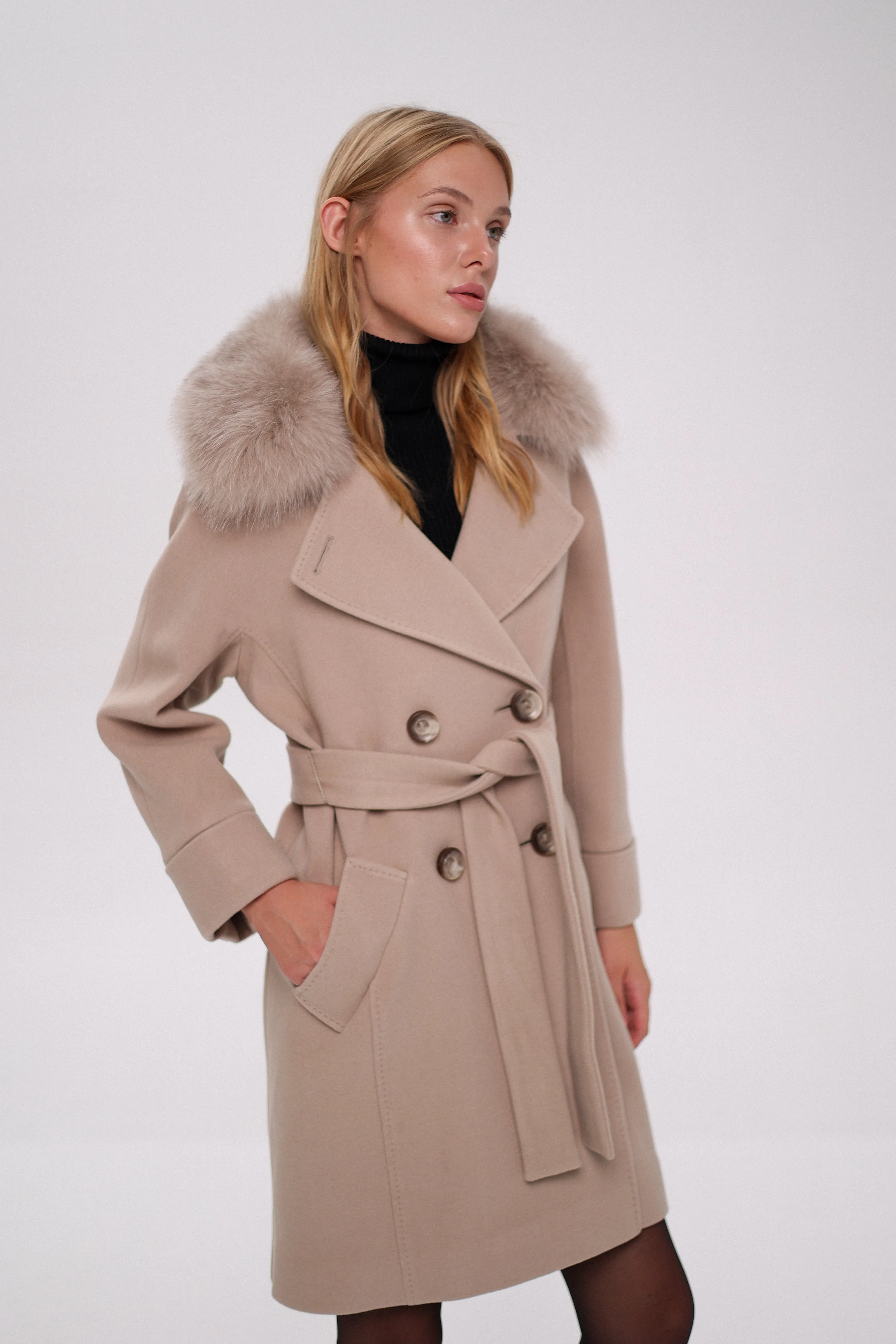 Genuine Polar Fox Tailored Cashmere-Wool Coat