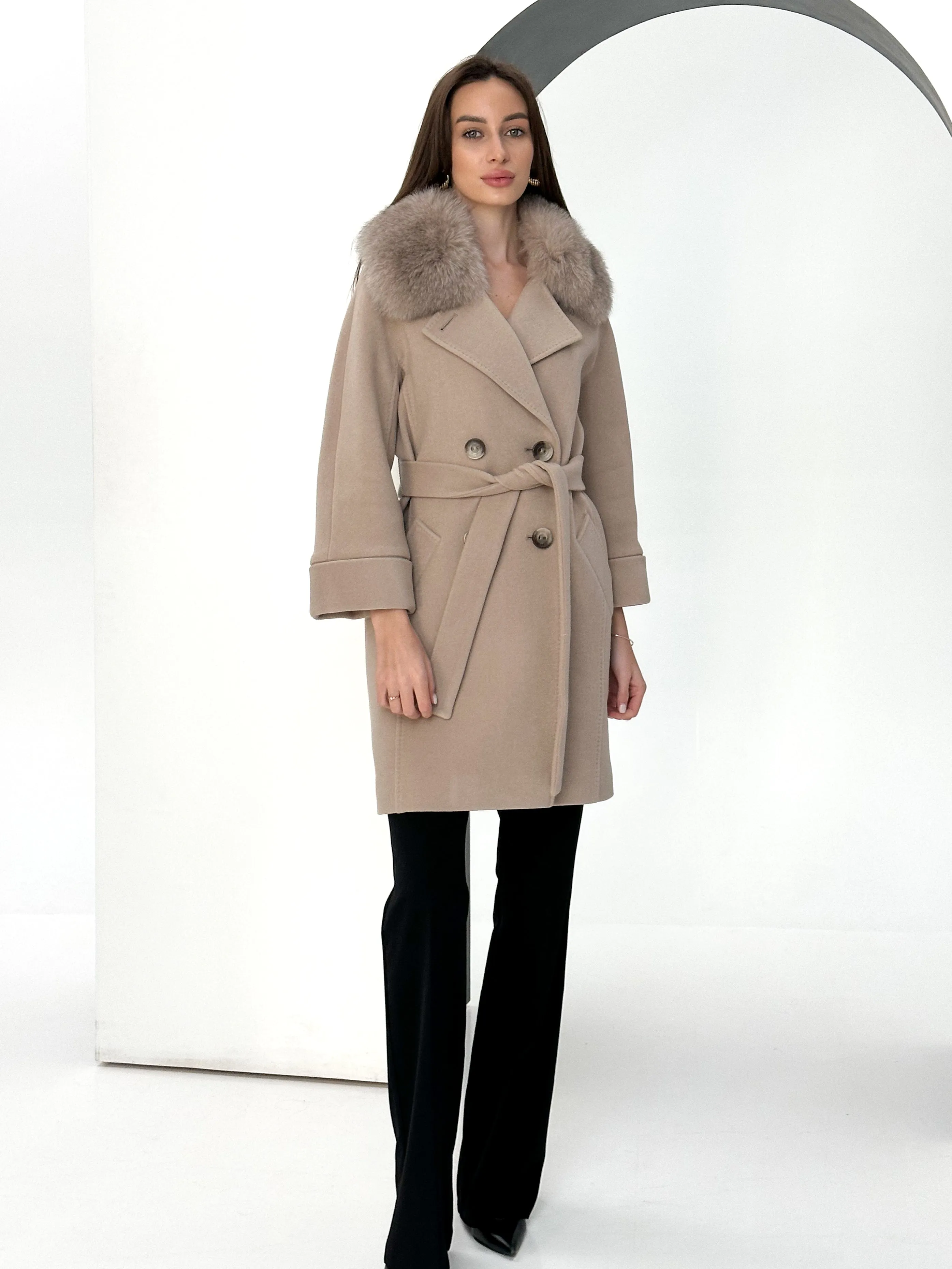 Genuine Polar Fox Tailored Cashmere-Wool Coat