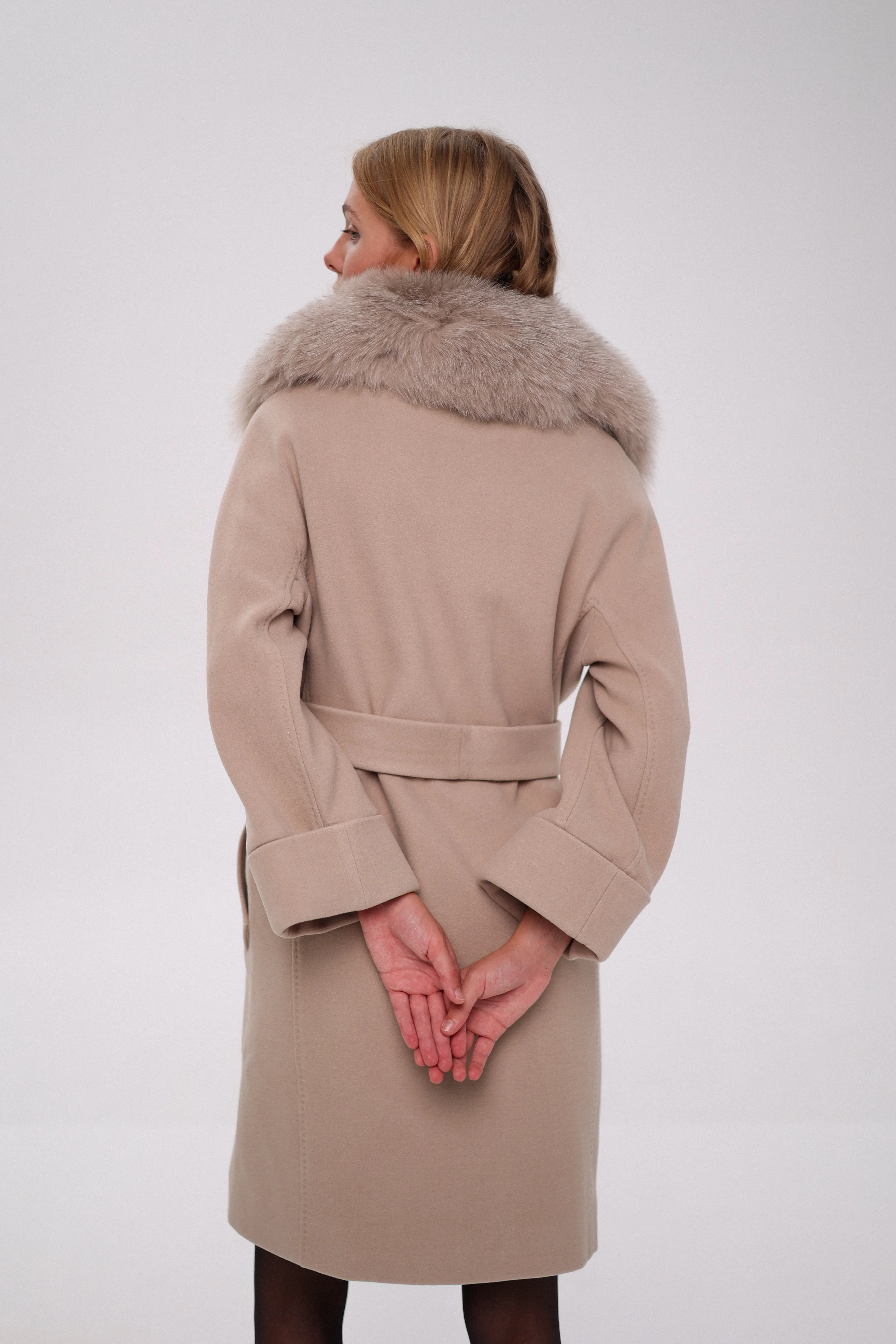 Genuine Polar Fox Tailored Cashmere-Wool Coat