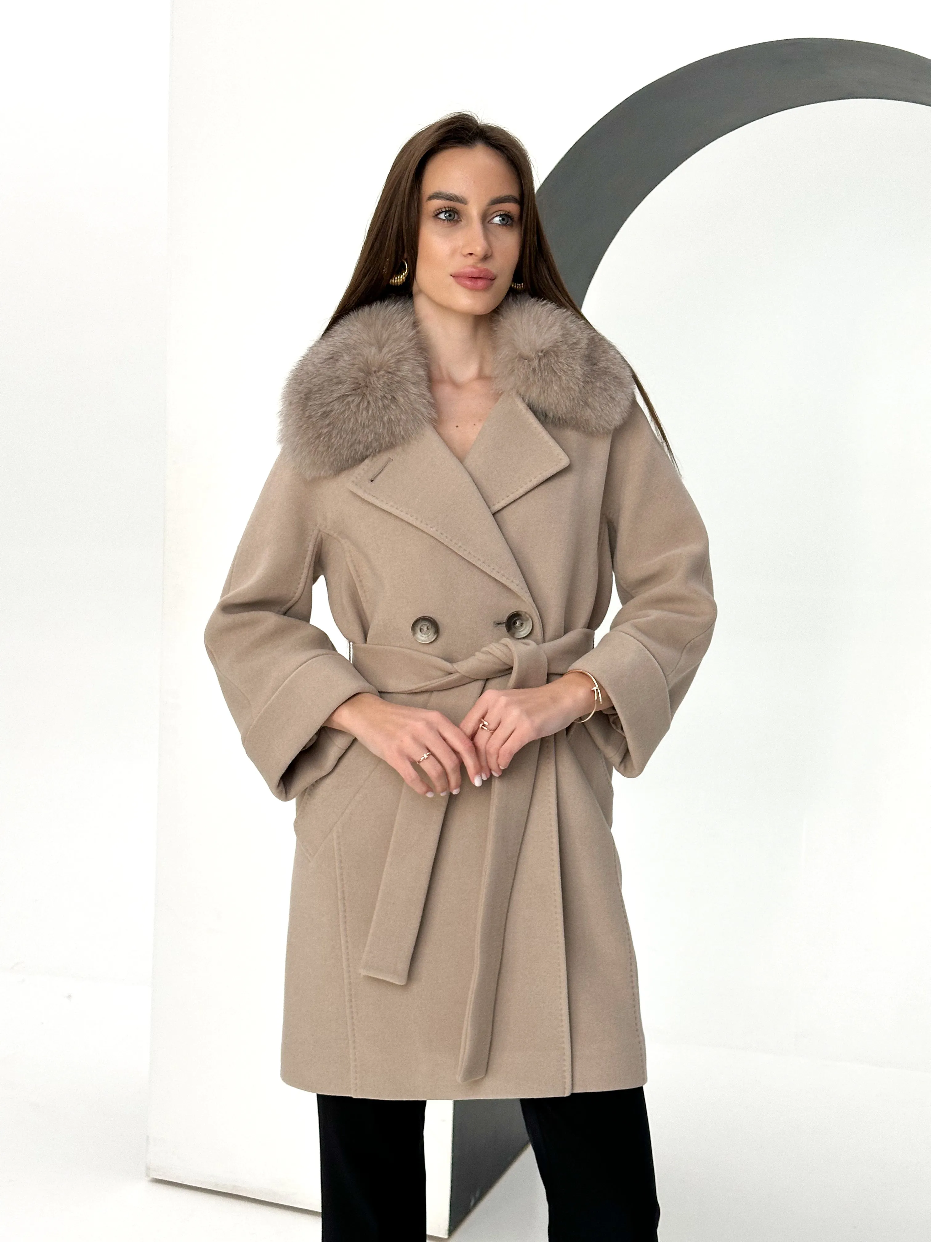 Genuine Polar Fox Tailored Cashmere-Wool Coat