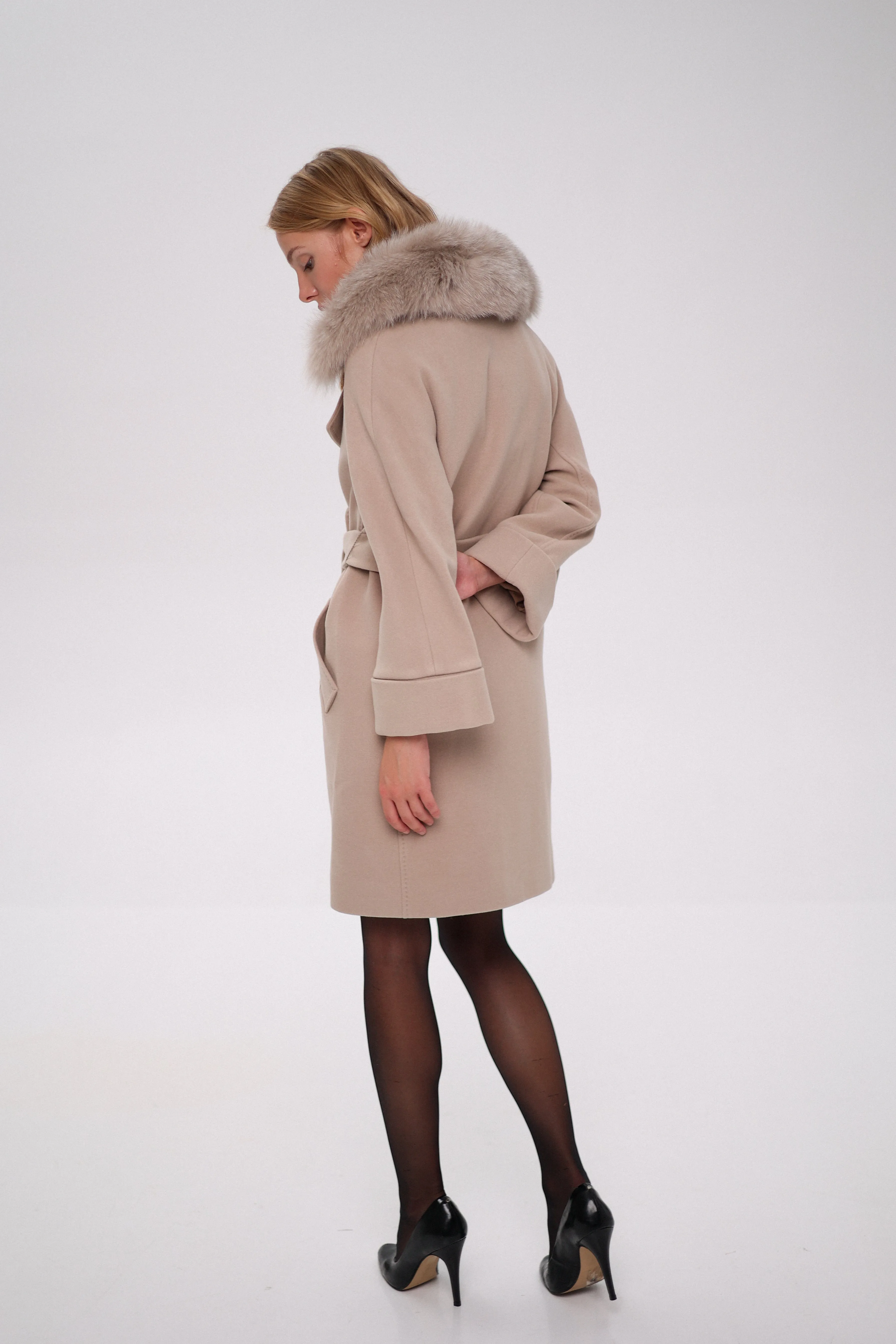 Genuine Polar Fox Tailored Cashmere-Wool Coat