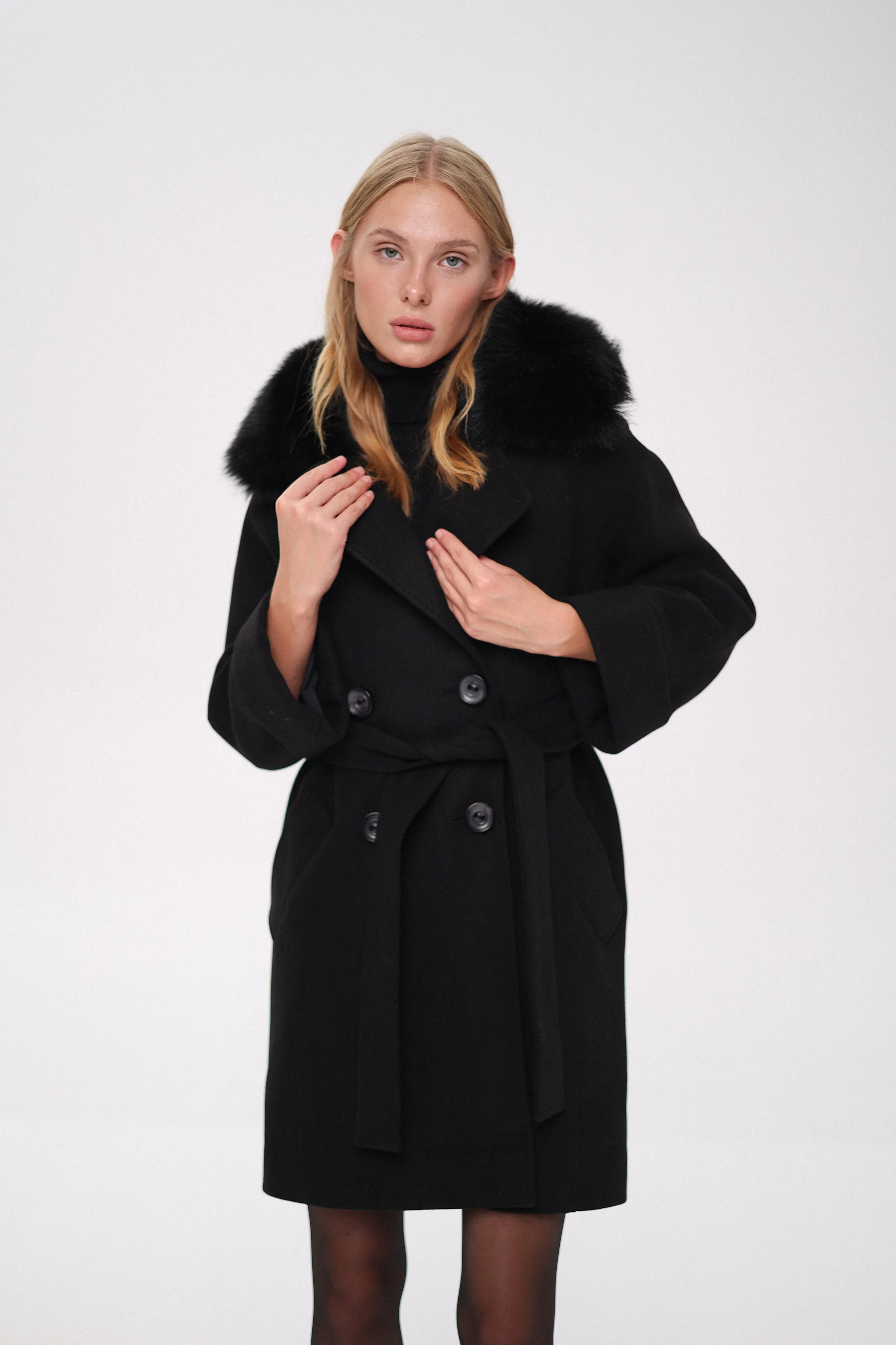 Genuine Polar Fox Tailored Cashmere-Wool Coat