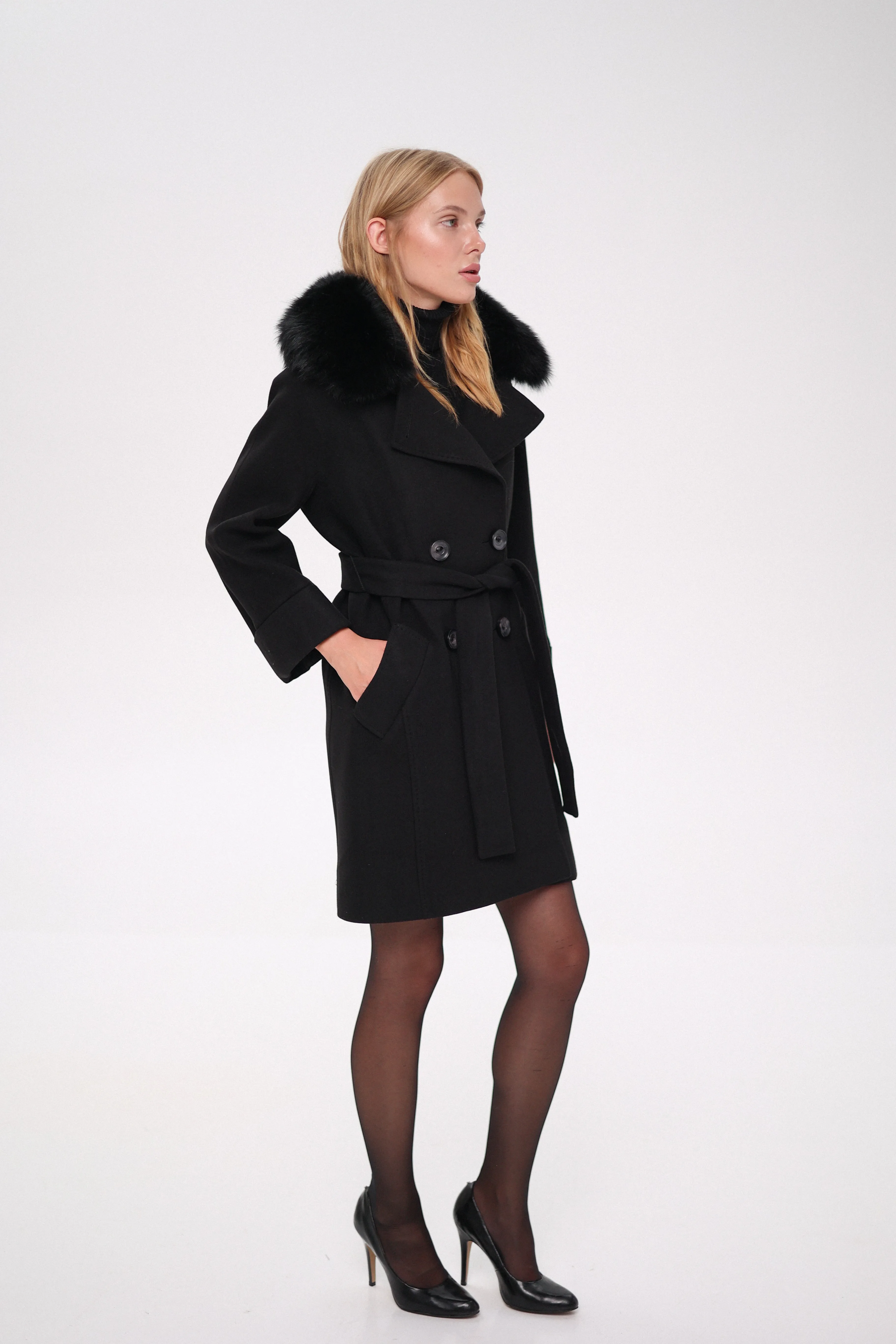 Genuine Polar Fox Tailored Cashmere-Wool Coat