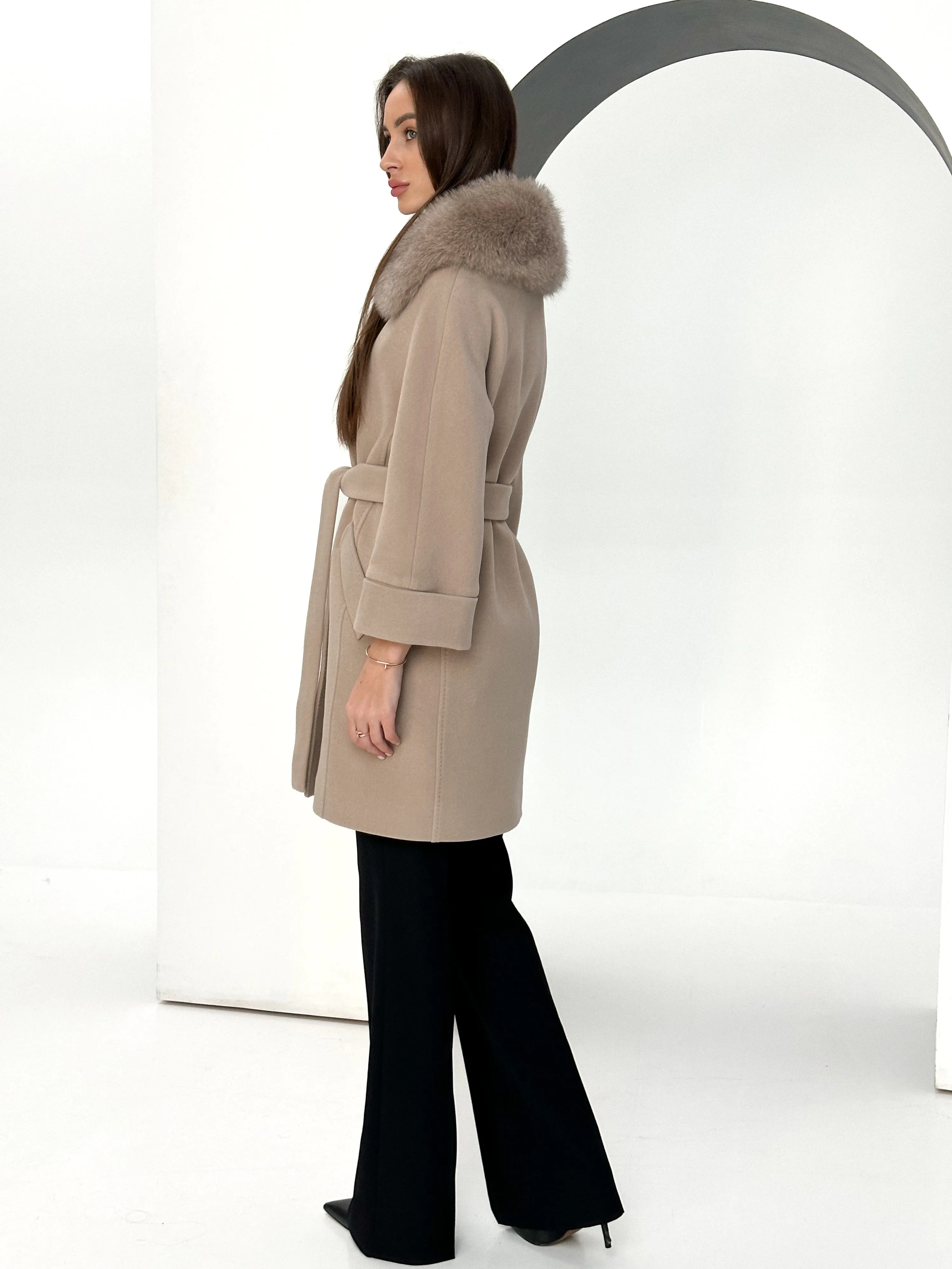 Genuine Polar Fox Tailored Cashmere-Wool Coat