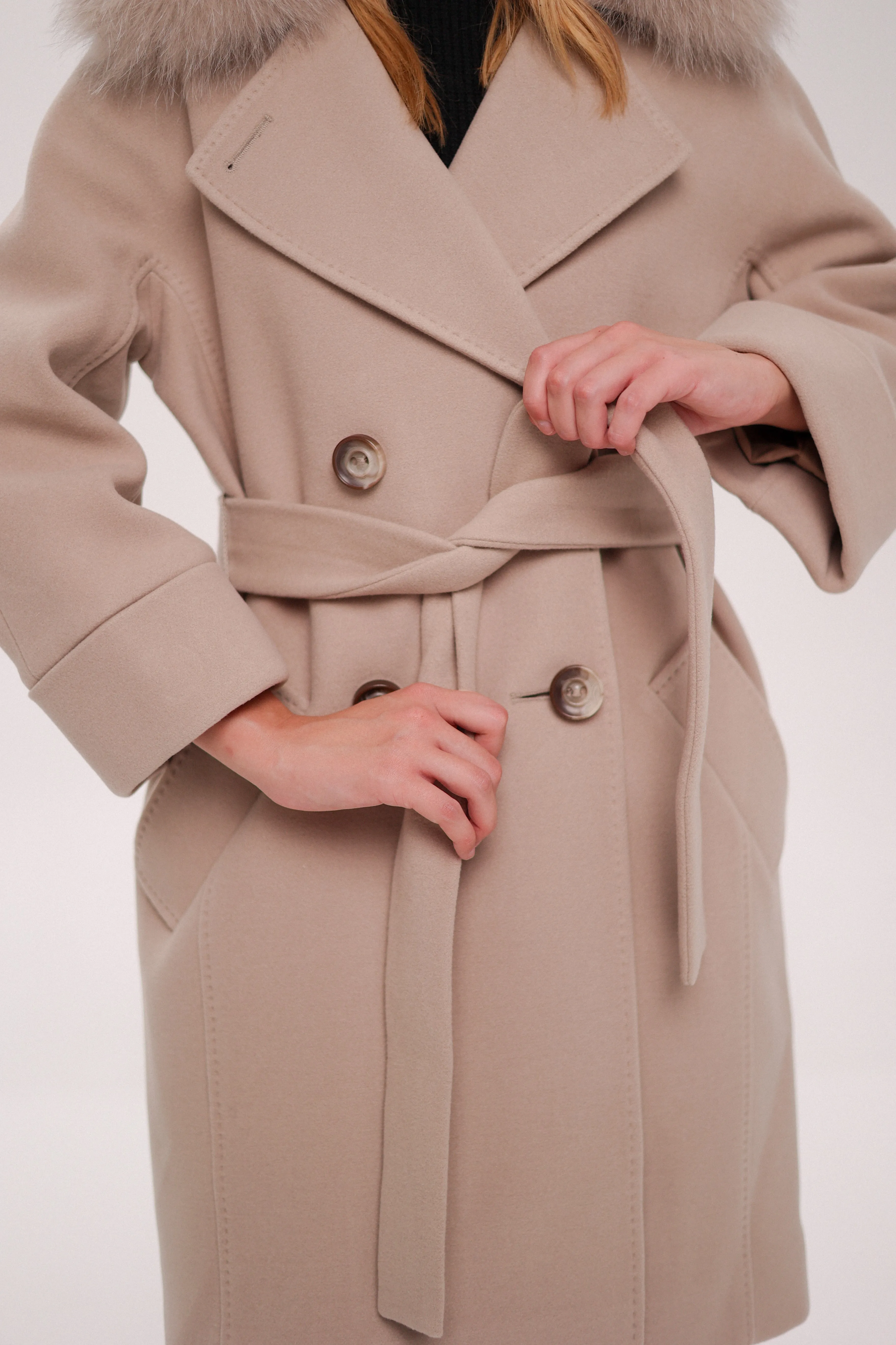 Genuine Polar Fox Tailored Cashmere-Wool Coat