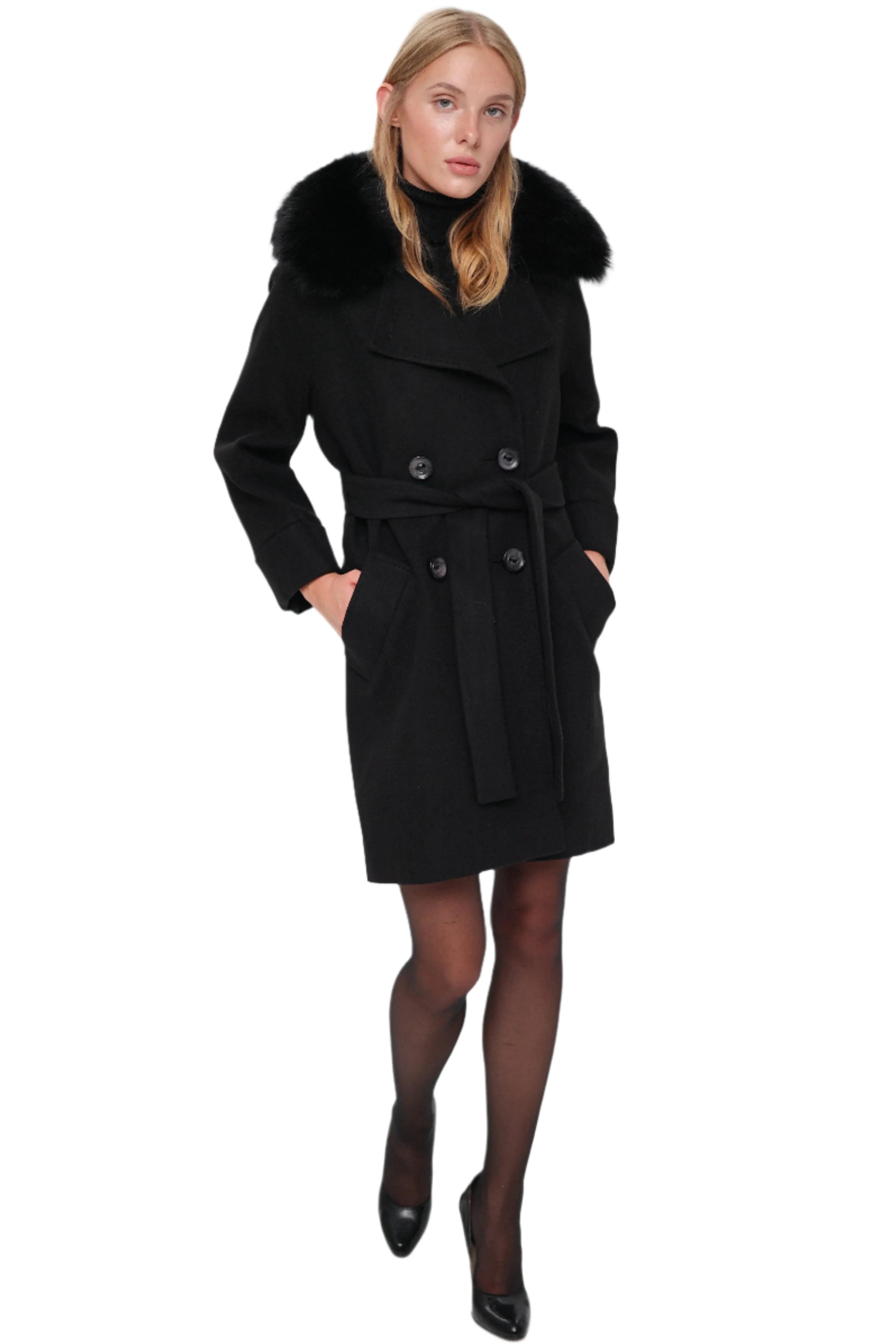 Genuine Polar Fox Tailored Cashmere-Wool Coat