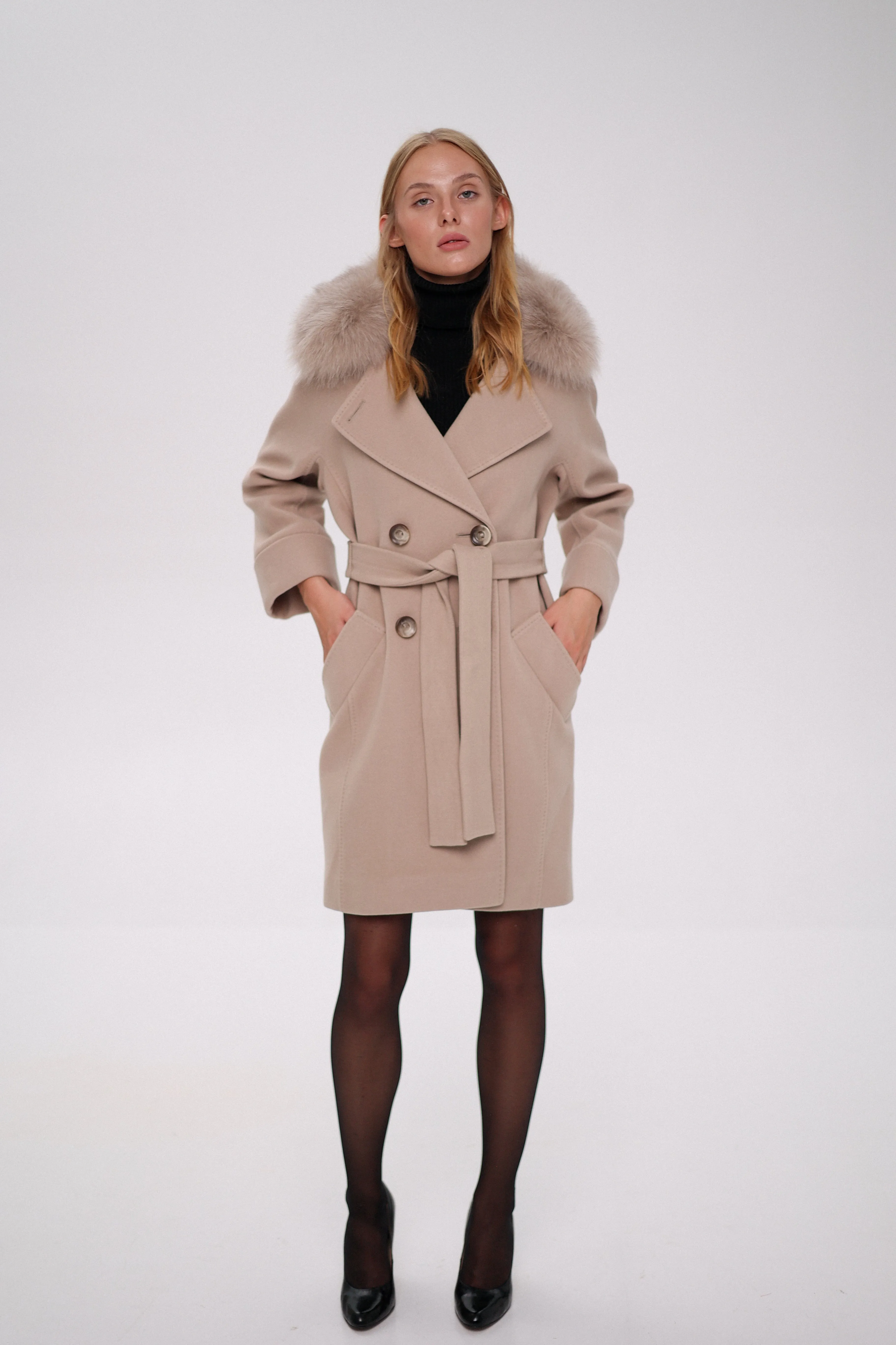 Genuine Polar Fox Tailored Cashmere-Wool Coat