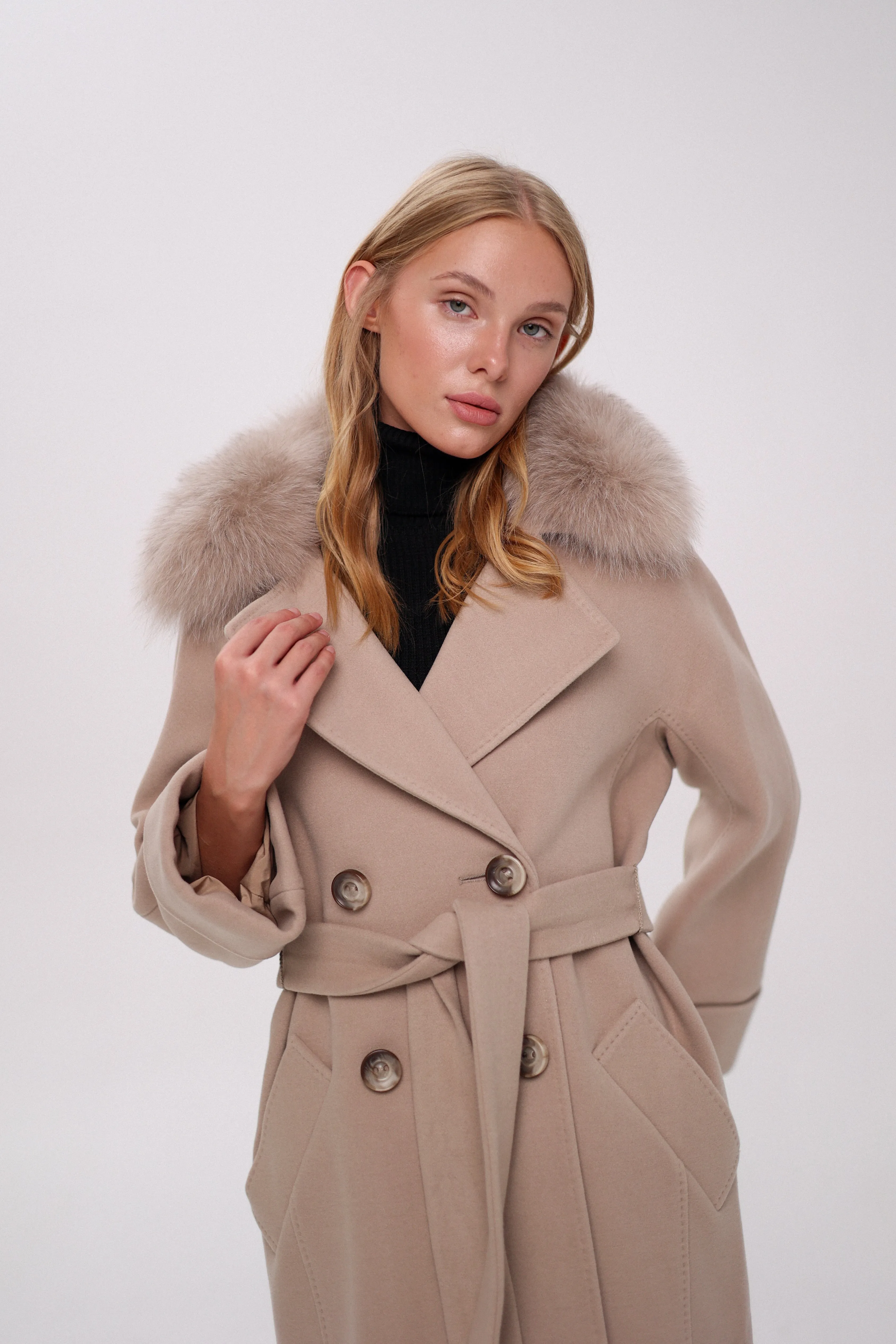 Genuine Polar Fox Tailored Cashmere-Wool Coat