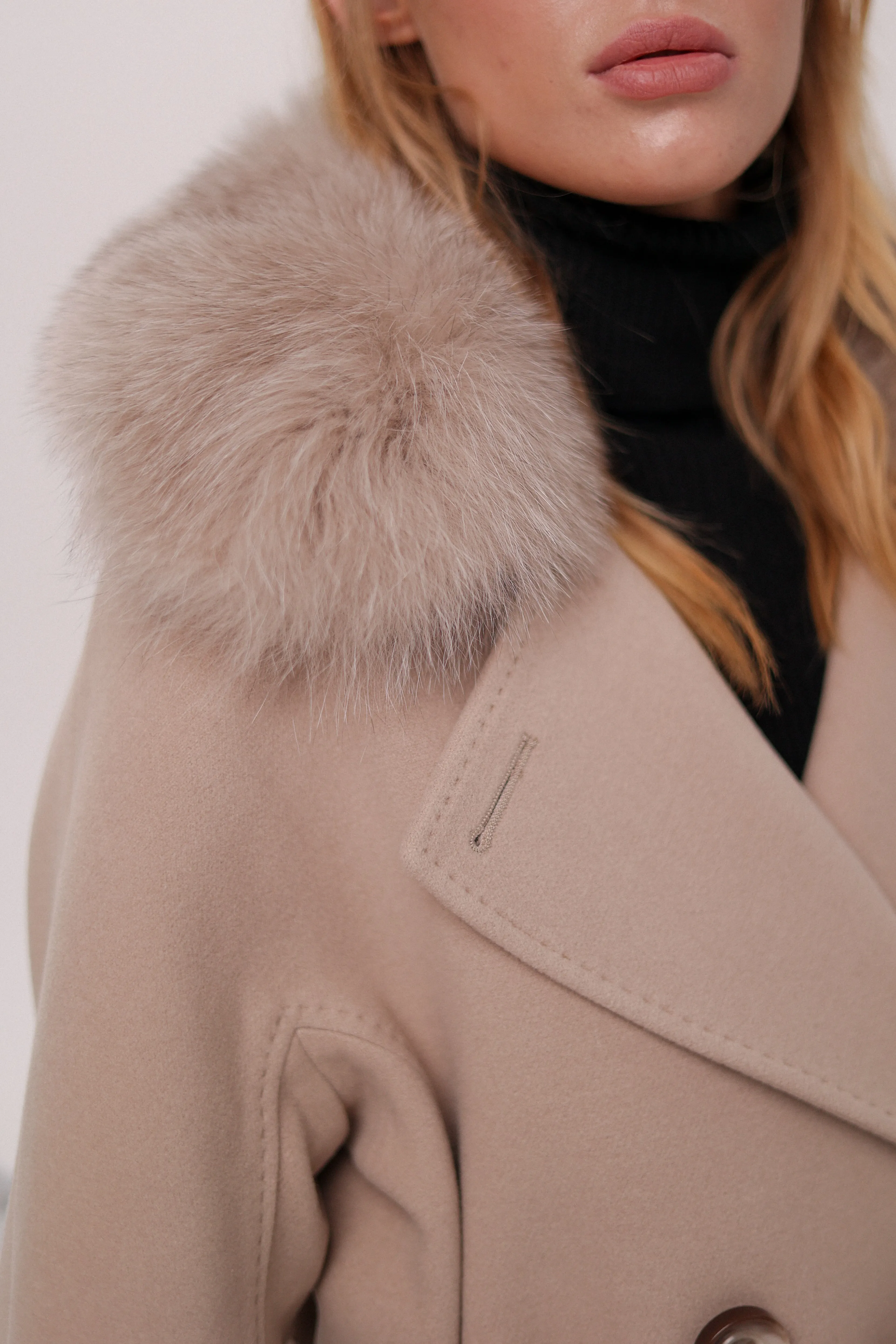 Genuine Polar Fox Tailored Cashmere-Wool Coat