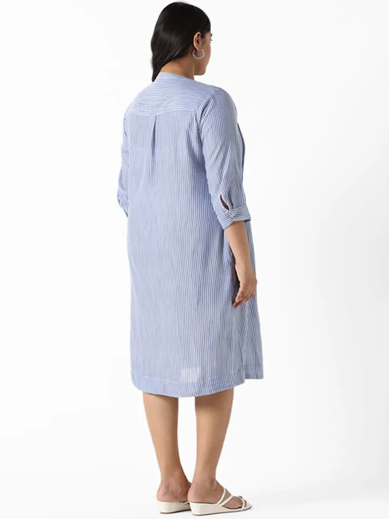 Gia Sky Blue Striped Cotton Relaxed Fit Dress