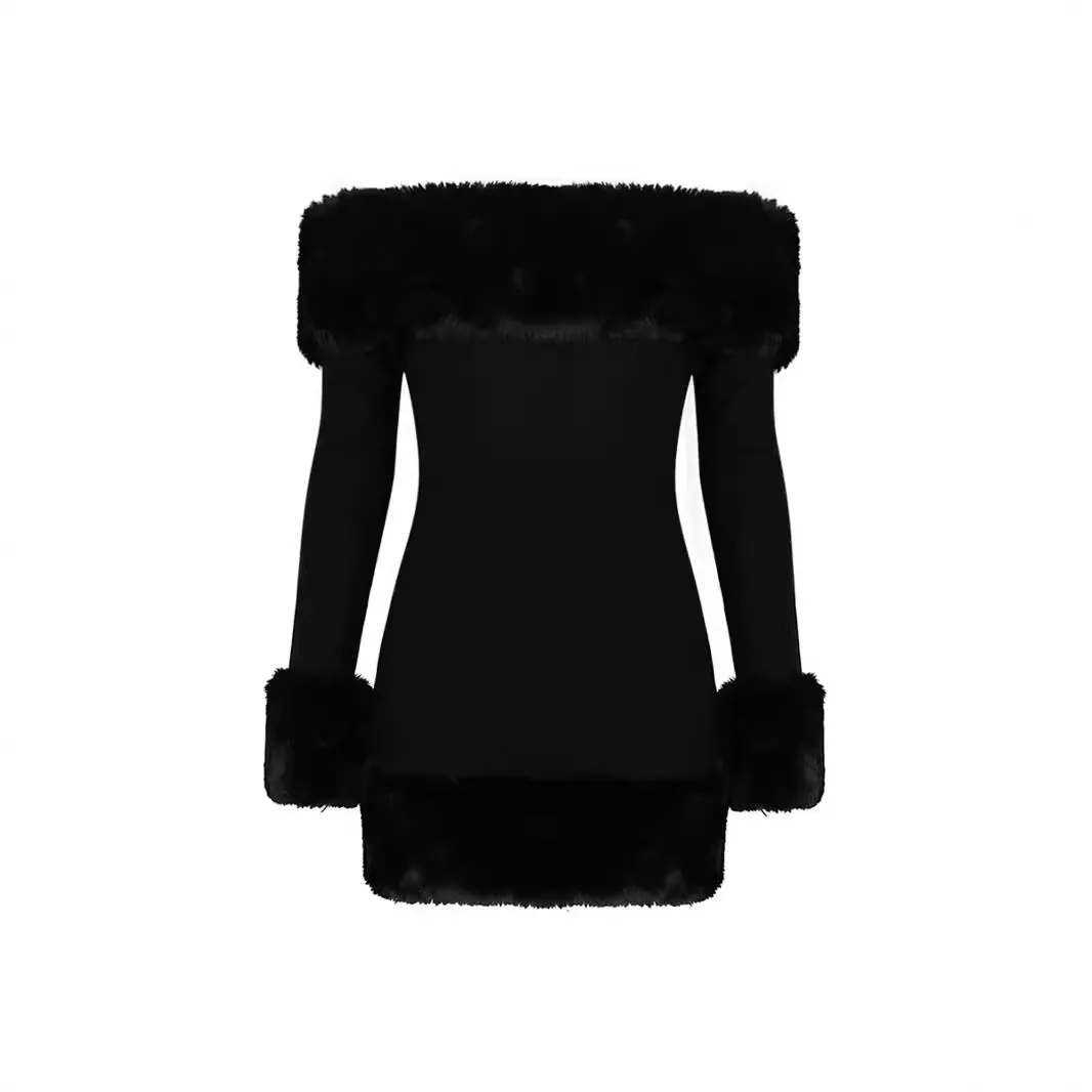 Girlary-shop main character dress to impress New Black Plush Long Sleeve off-Shoulder Dress Autumn and Winter Women's Fur Backless Hot Girl Hip Skirt