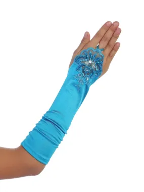 Girls Turquoise Floral Embroidery Fingerless Long Special Occasion Gloves 4-14