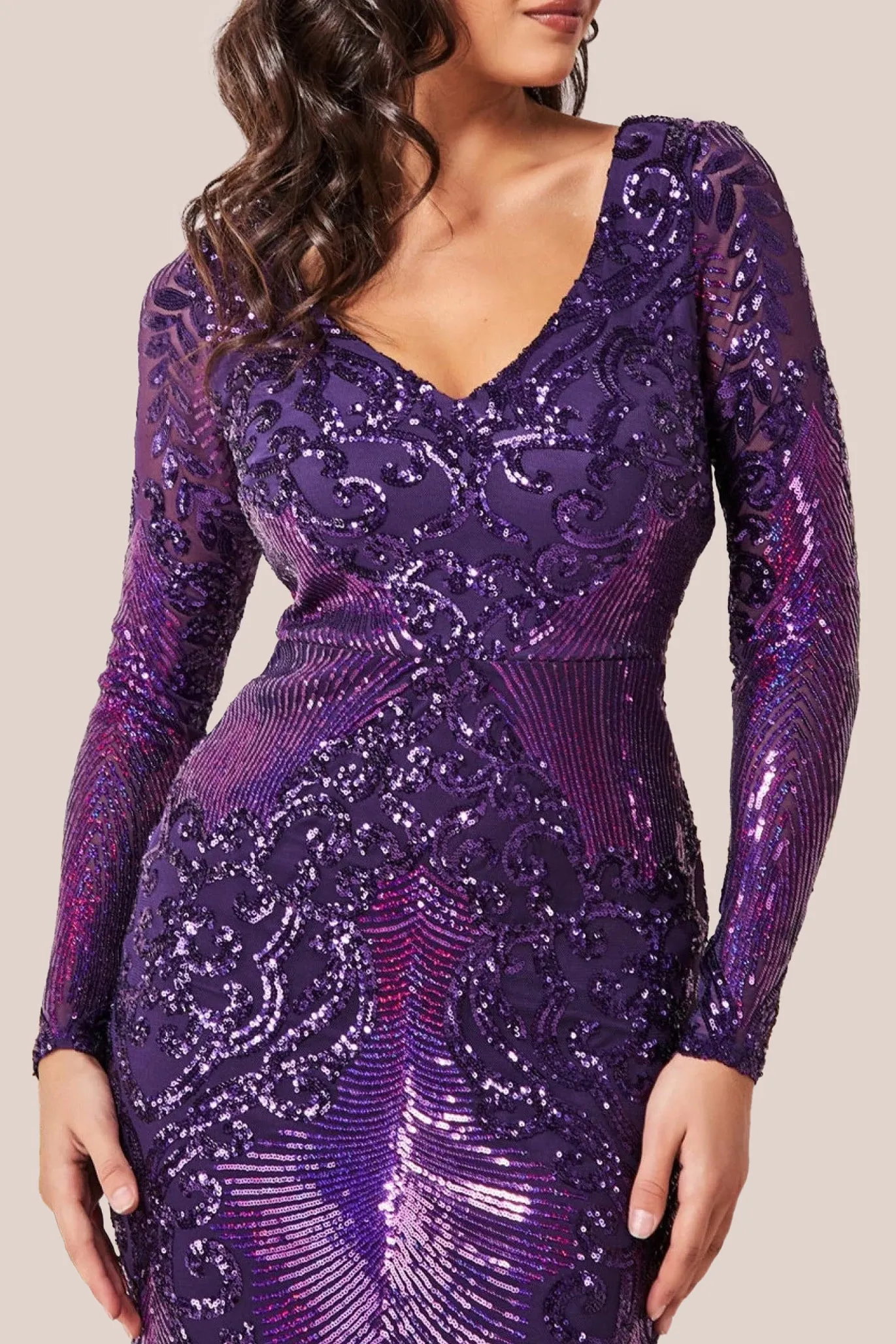 Goddiva Contrast Sequin Long Sleeve Maxi Dress - Purple