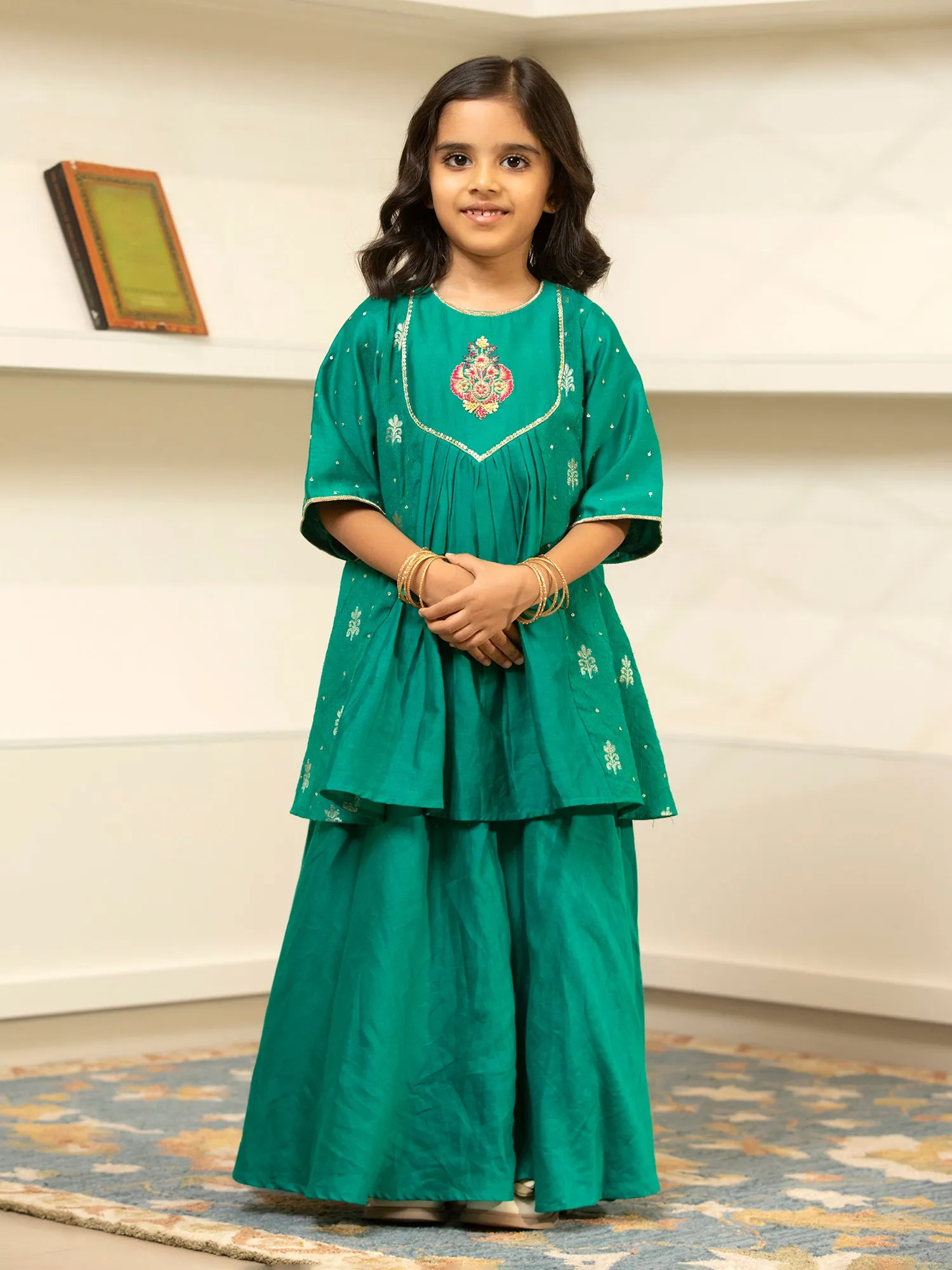 Green Chanderi Lehenga Set with Embroidery work - Girls