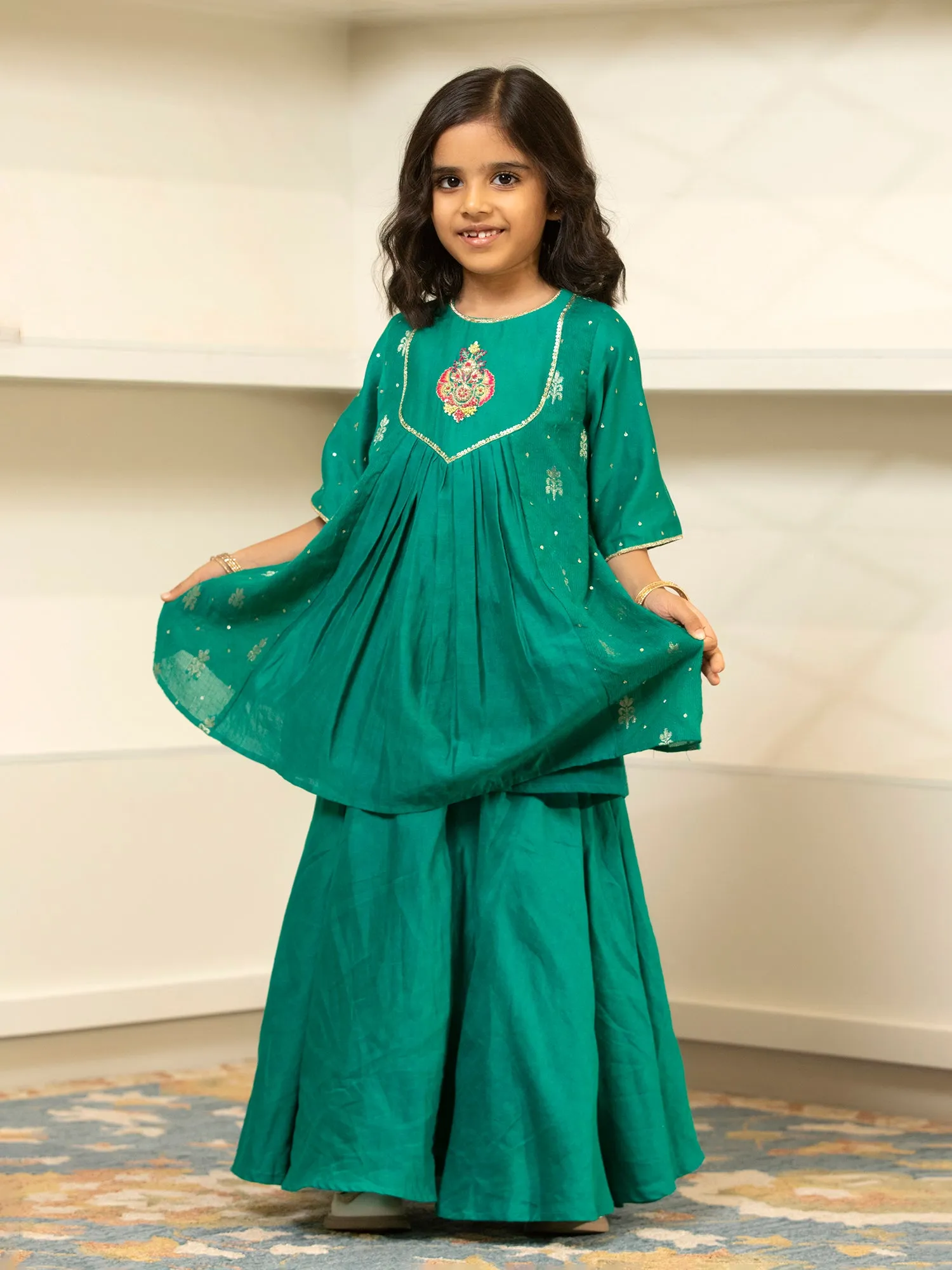 Green Chanderi Lehenga Set with Embroidery work - Girls