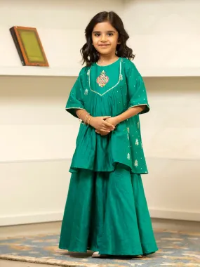 Green Chanderi Lehenga Set with Embroidery work - Girls