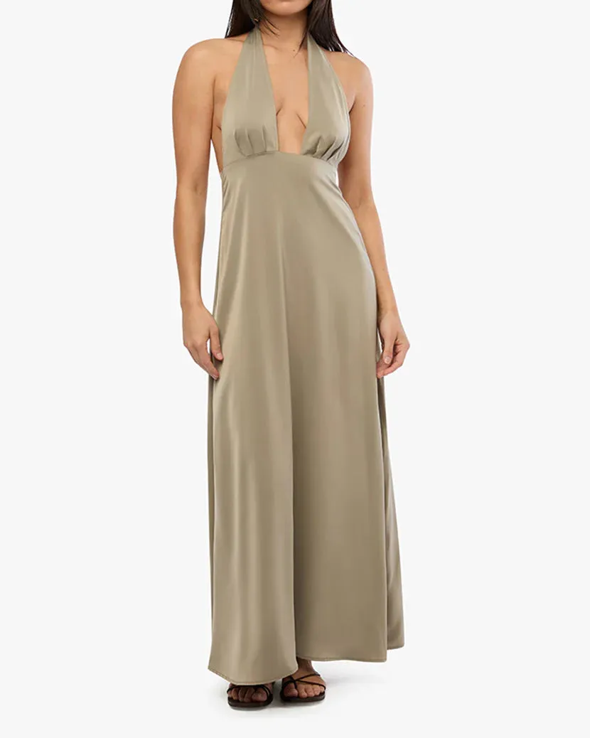 Halter Deep V Maxi Plaza Taupe