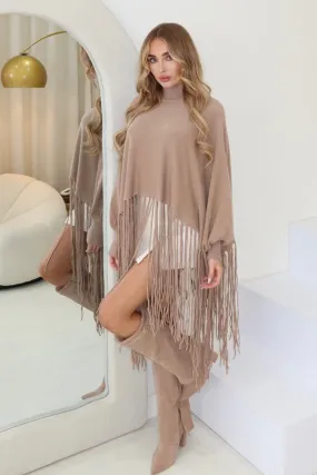 Hayden beige fringe knit cape