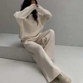 High Neck Rib Knit Pullover Sweater Wide Leg Pants Matching Set - Beige