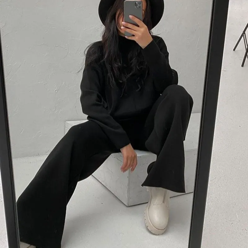 High Neck Rib Knit Pullover Sweater Wide Leg Pants Matching Set - Black