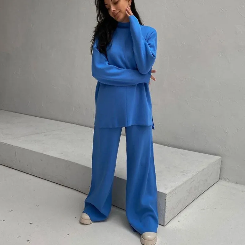 High Neck Rib Knit Pullover Sweater Wide Leg Pants Matching Set - Blue