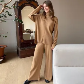 High Neck Rib Knit Pullover Sweater Wide Leg Pants Matching Set - Khaki