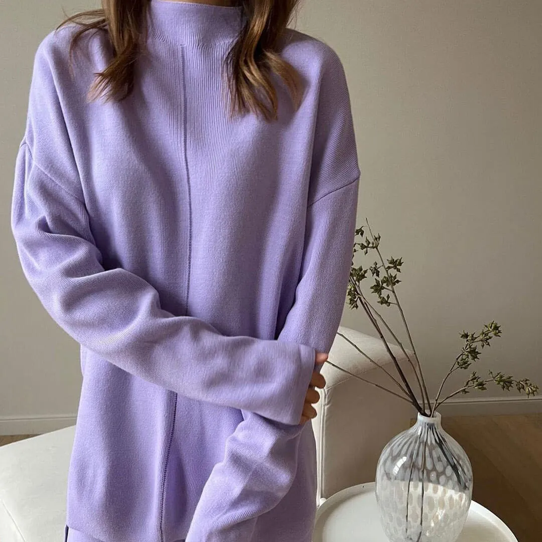 High Neck Rib Knit Pullover Sweater Wide Leg Pants Matching Set - Purple