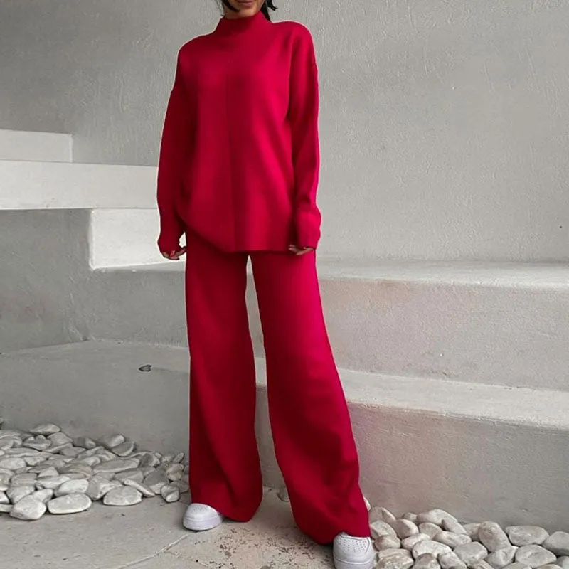 High Neck Rib Knit Pullover Sweater Wide Leg Pants Matching Set - Red