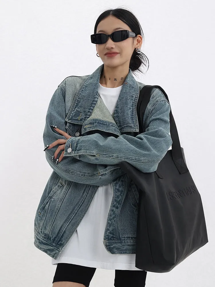 Irregular Denim Coats For Women Lapel Long Sleeve Patchwork Button Casual Loose Coat Female Fashion Clothing