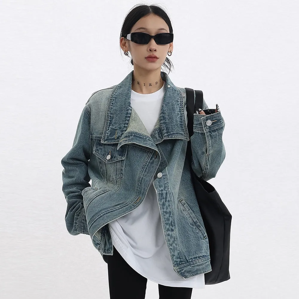 Irregular Denim Coats For Women Lapel Long Sleeve Patchwork Button Casual Loose Coat Female Fashion Clothing