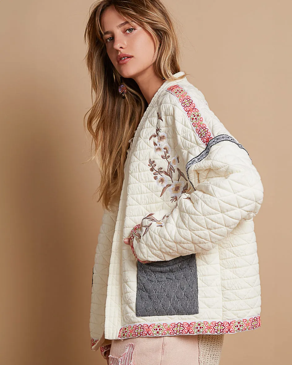 Ivory Quilted Jacket with Embroidery and Ribbon Trim