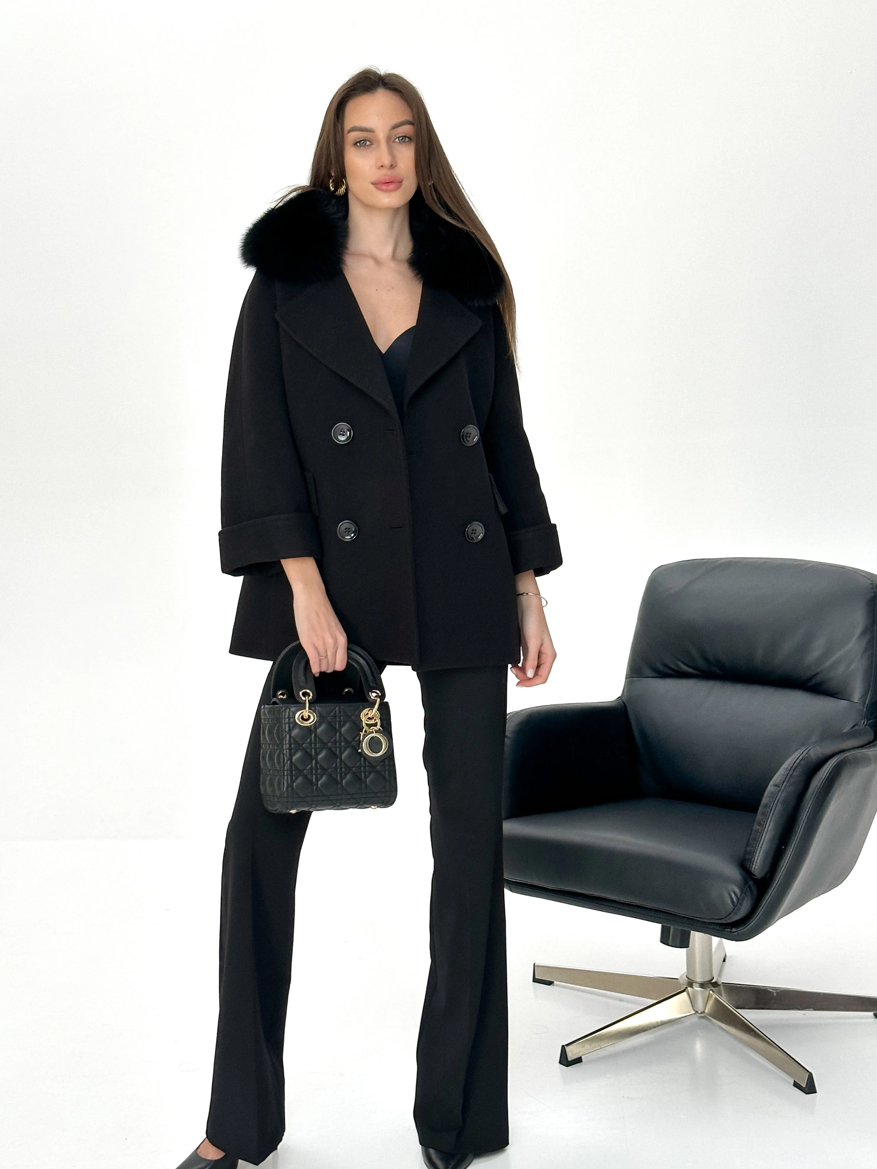 Jackie Genuine Polar Fox Trim Cashmere Wool Coat