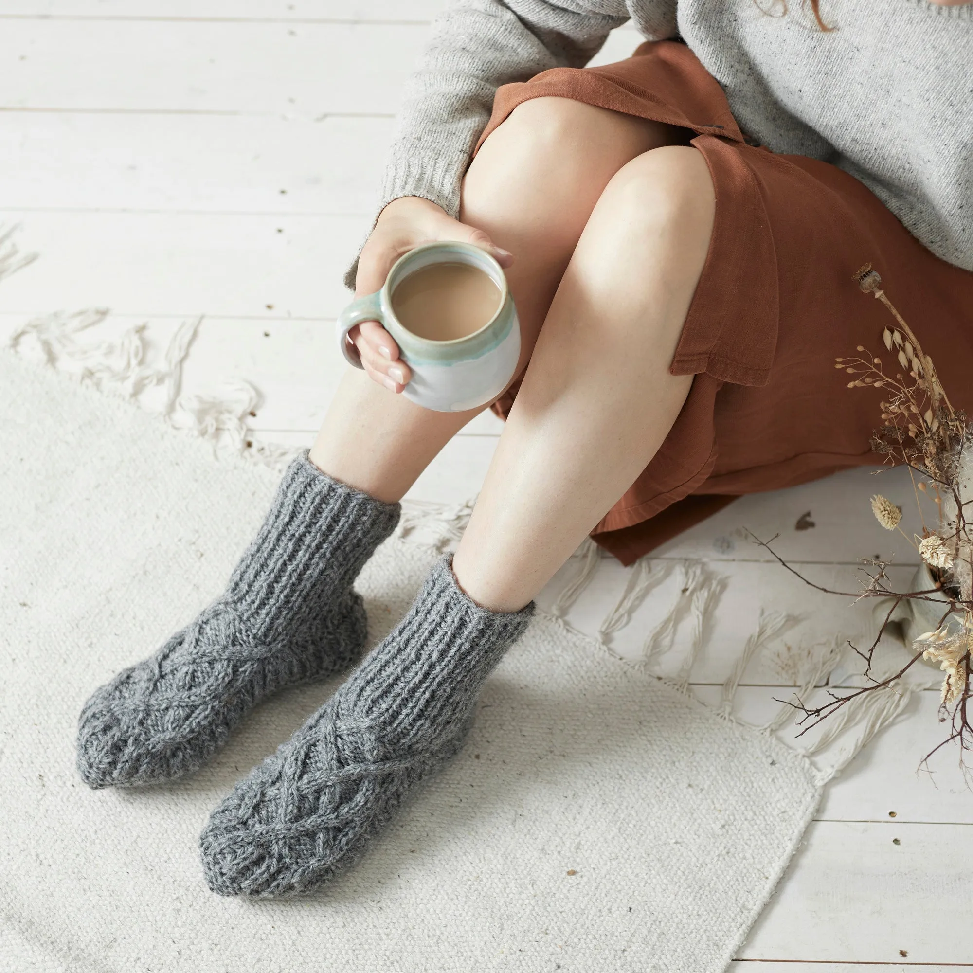 JANA Cable Knit Wool Cosy Lined Slipper Socks