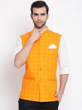 Jashvi Men's Orange Checkered Pattern Classic Nehru Jacket