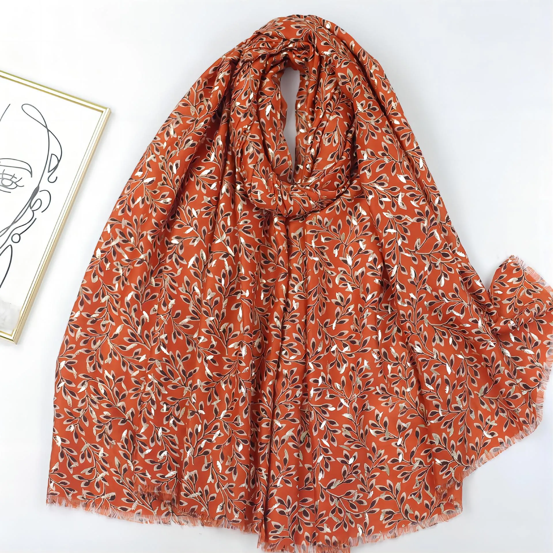 JY230605 Boston ivy printed hot stamping scarf