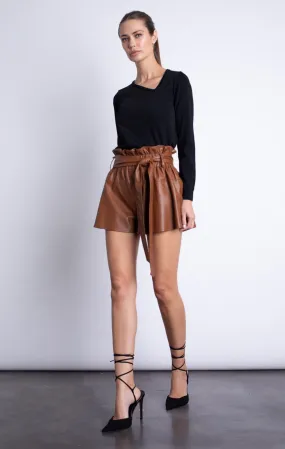 KAR Juana Vegan Leather Belted Shorts in Brown Rust