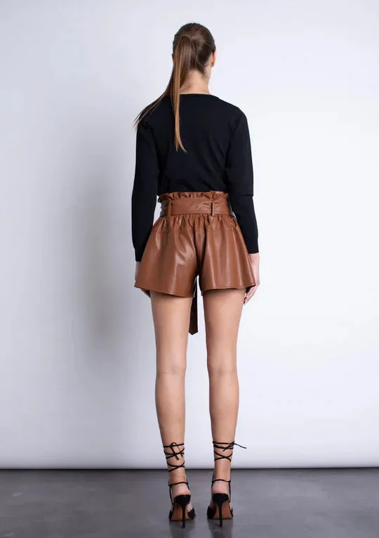 KAR Juana Vegan Leather Belted Shorts in Brown Rust