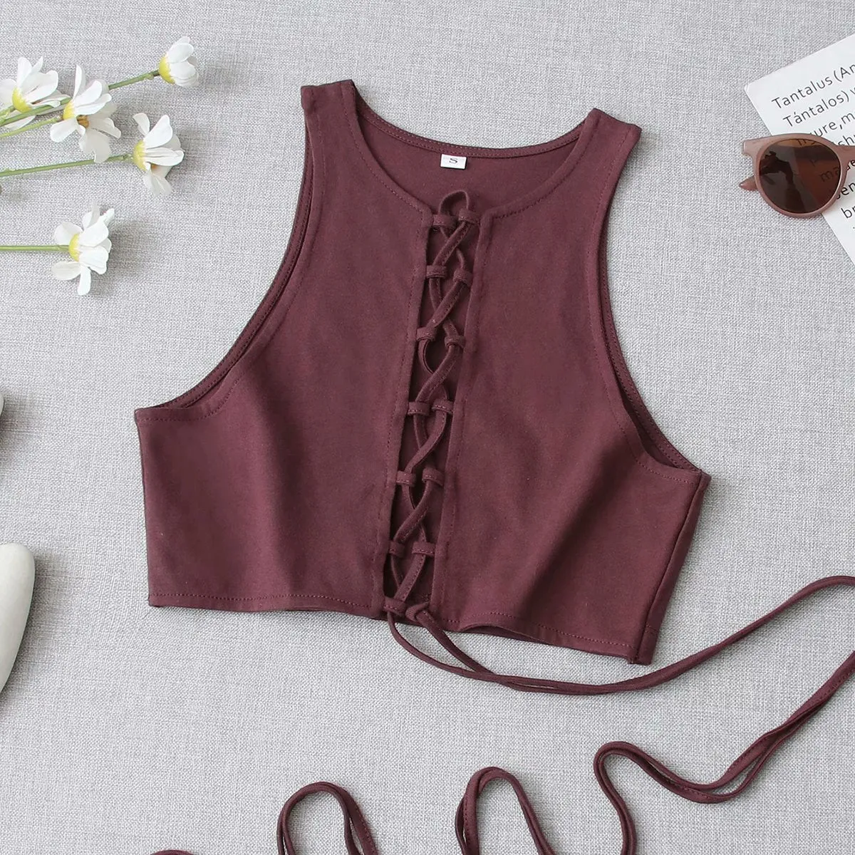 Lace-up Women Solid Tank Top