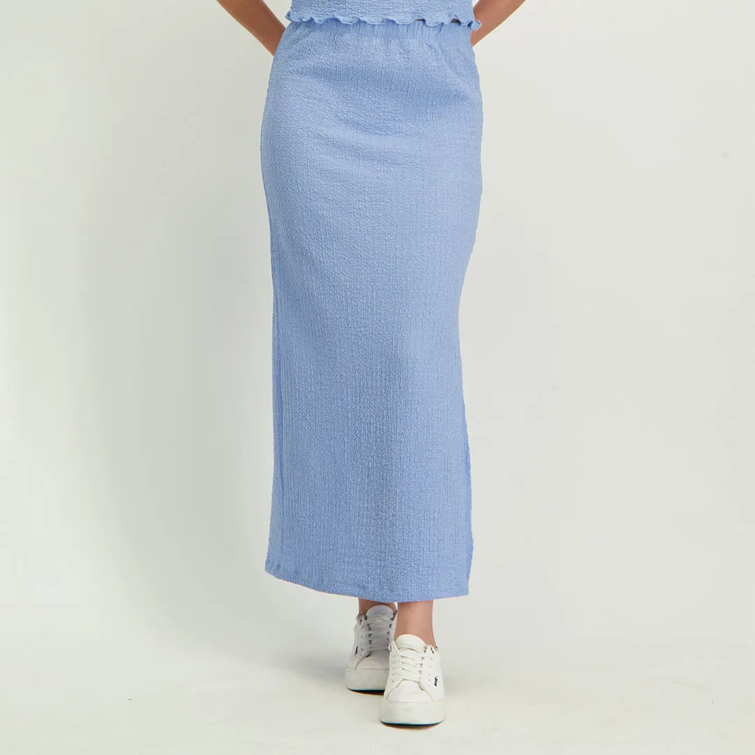 LADIES NOVA FASHION BLUE TEXTURED MIDI SKIRT WITH SIDE SLIT