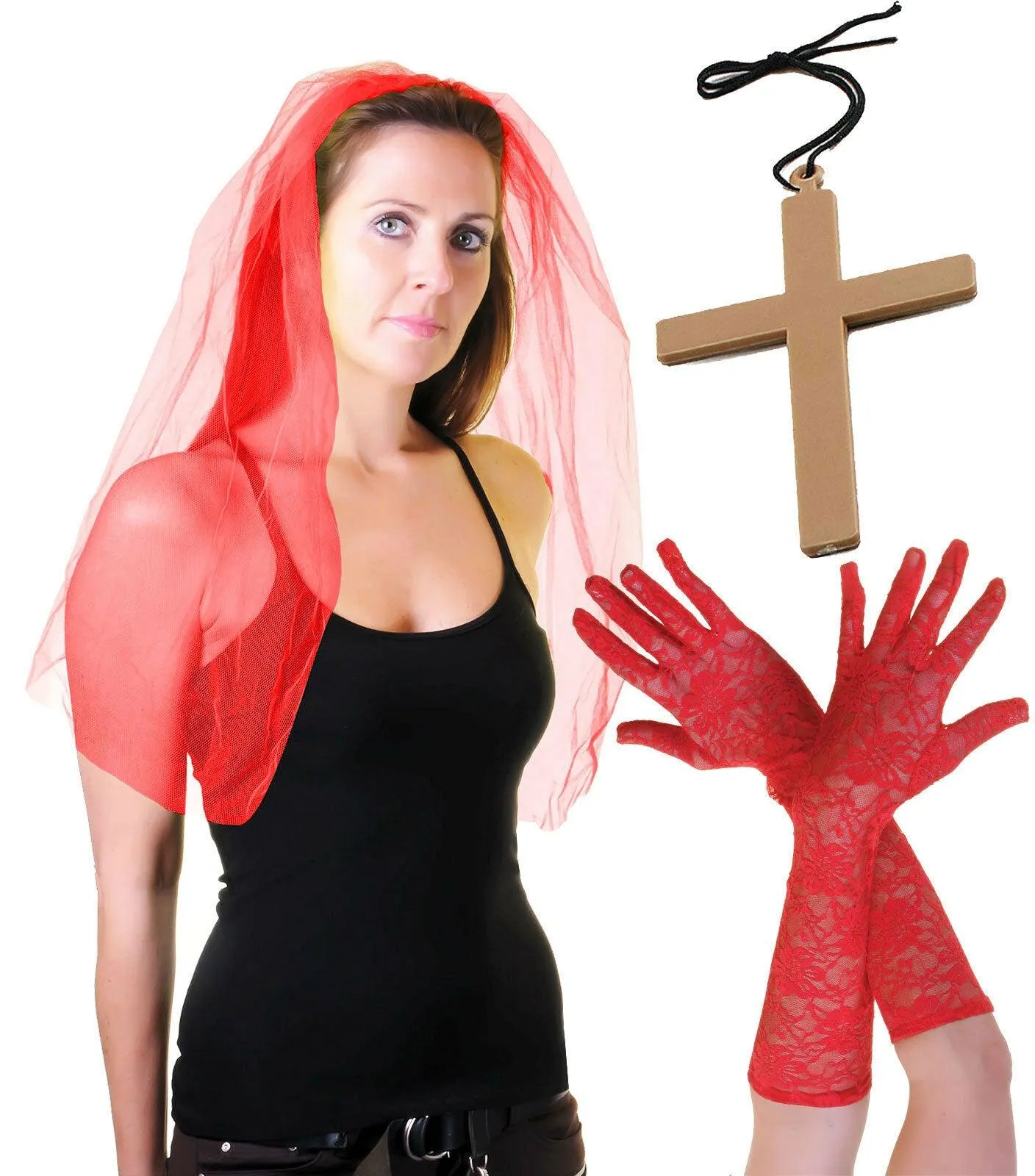 Ladies Red Veil on Hair Band Long Lace Gloves Monk Cross Prom Fancy Dress