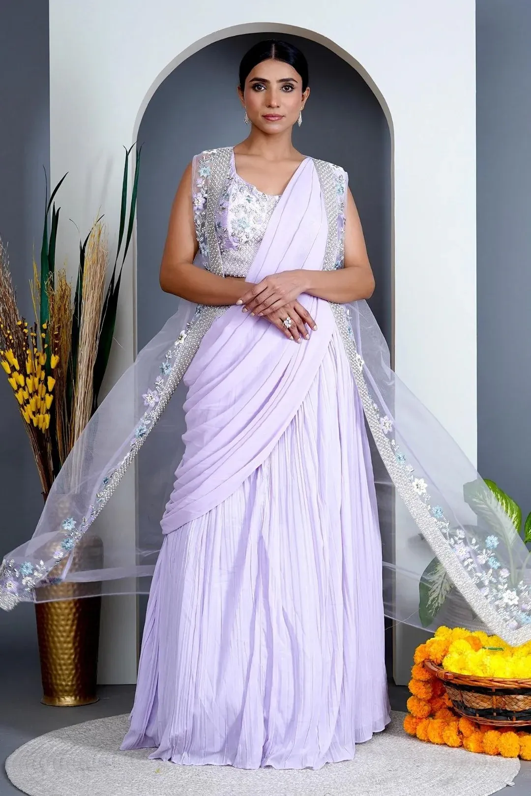 Lavender Georgette Draped Jacket Saree Set - Rent