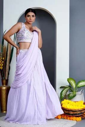 Lavender Georgette Draped Jacket Saree Set - Rent