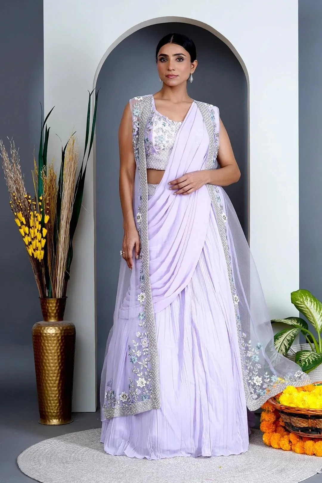 Lavender Georgette Draped Jacket Saree Set - Rent