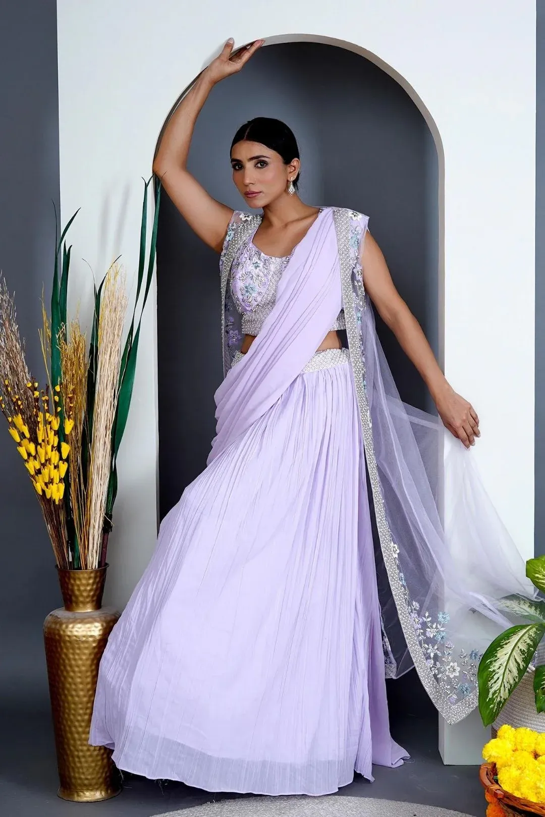 Lavender Georgette Draped Jacket Saree Set - Rent