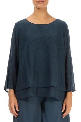 Layered Midnight Blue Feathers Silk Cotton Blouse