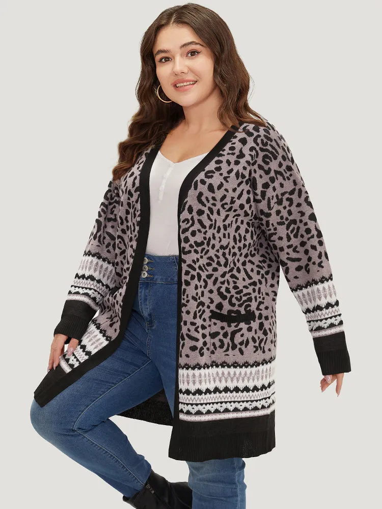 Leopard Print Pocket Contrast Trim Cardigan