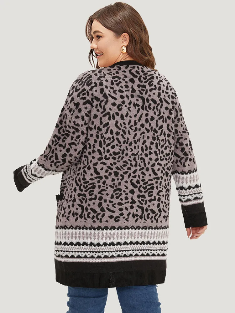 Leopard Print Pocket Contrast Trim Cardigan