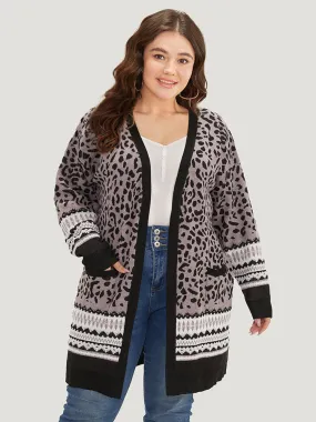 Leopard Print Pocket Contrast Trim Cardigan